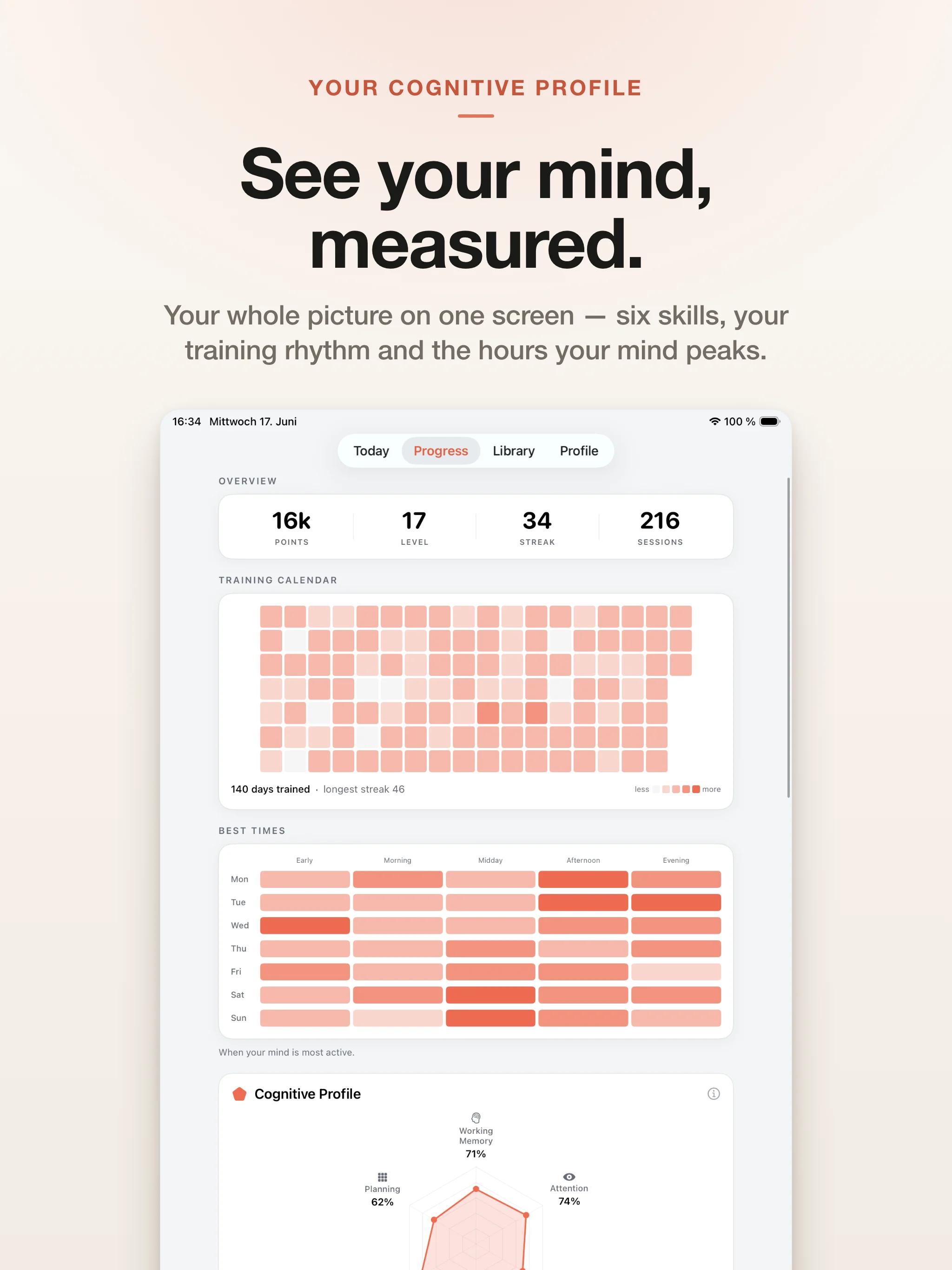 See your mind, measured — cognitive profile, training calendar and best times
